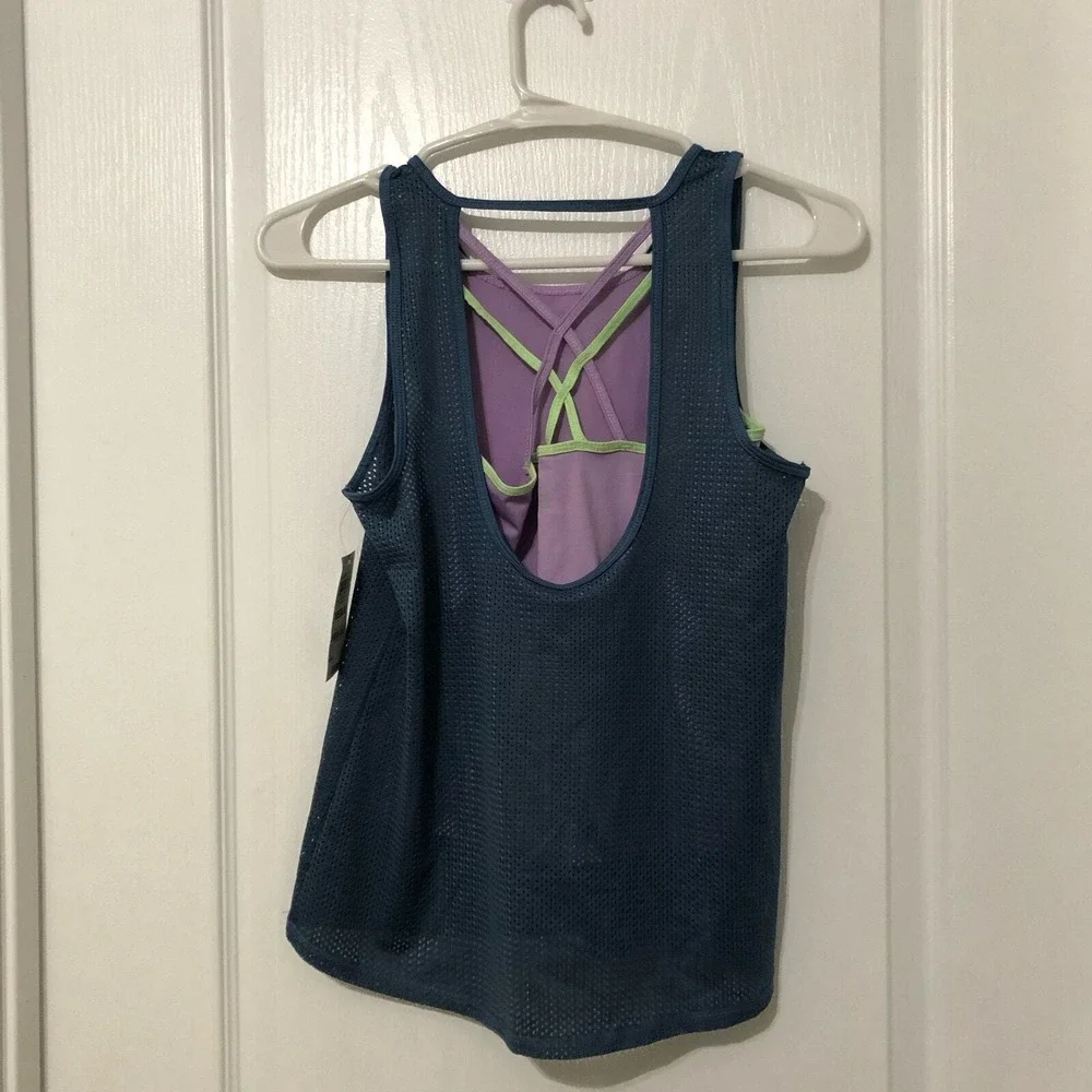 Ideology Girls Blue Mesh Layered‎ Tank Top Built-In Sports Bra Size Medium NWT